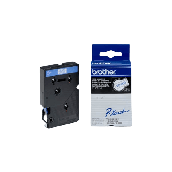 Brother TC203 Blå tekst / Hvid tape 12 mm x 7,7 m tape - Original
