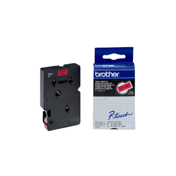 Brother TC401 Sort tekst / Rød tape 12 mm x 7,7 m tape - Original