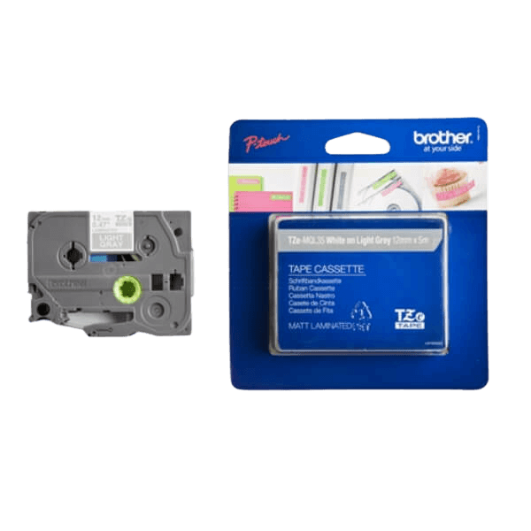 Brother TZEMQL35 Hvid tekst / Lysegrå tape 12 mm x 5 m tape - Original