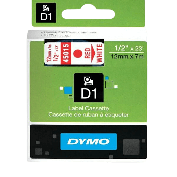 Dymo D1 45015 / S0720550 Rød tekst / Hvid tape 12 mm x 7 m tape - Original