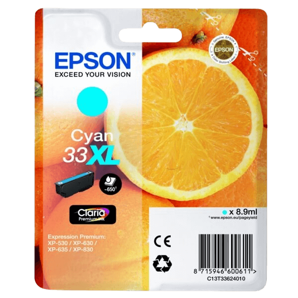 Epson 33 / C13T33624012 cyan XL blækpatron - Original